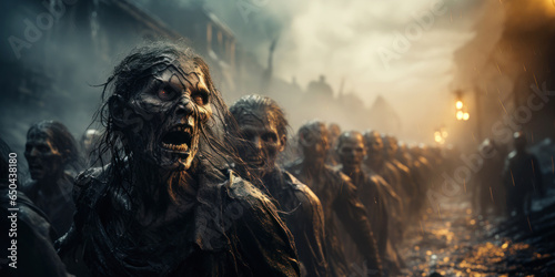 Undead zombie army, creepy walking dead in city in post apocalypse