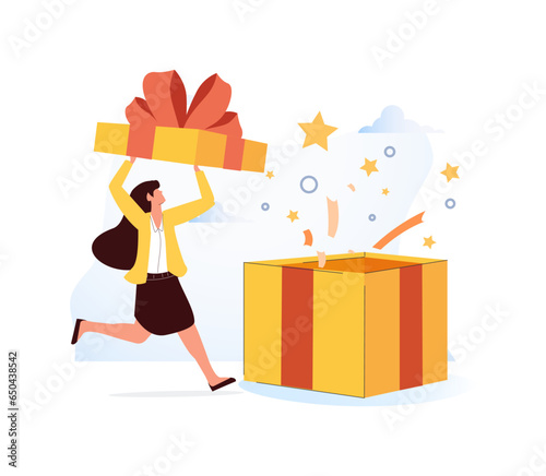 Woman opening gift box and looking at festive confetti thrown out of it. Concept of birthday present, holiday greetings