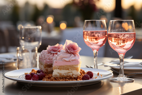 Pink flowers.Elegant table setting with candles in restaurant. Selective focus. Romantic dinner setting with candles on table in restaurant. 