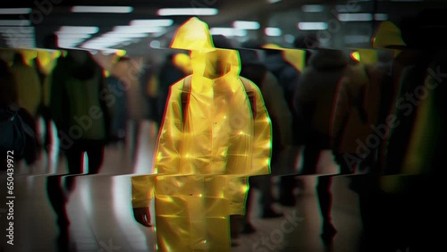 A figure adorned in highvisibility antisurveillance clothing, their jacket embedded with LED lights that blind surveillance cameras, confidently walks through a sea of unsuspecting observers, photo