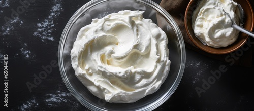 Fotografia Whipped cream for cakes both regular and vegan in glass bowls
