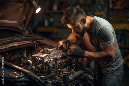 Skillful mechanic works on engine in retro car