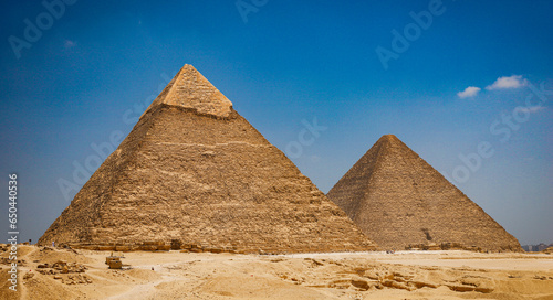 Ancient Egyptian Pyramids at Giza with Blue Sky