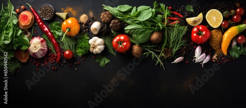 Fototapeta Naklejka Na Ścianę i Meble -  Top view of food ingredients on black slate table with spices herbs and vegetables