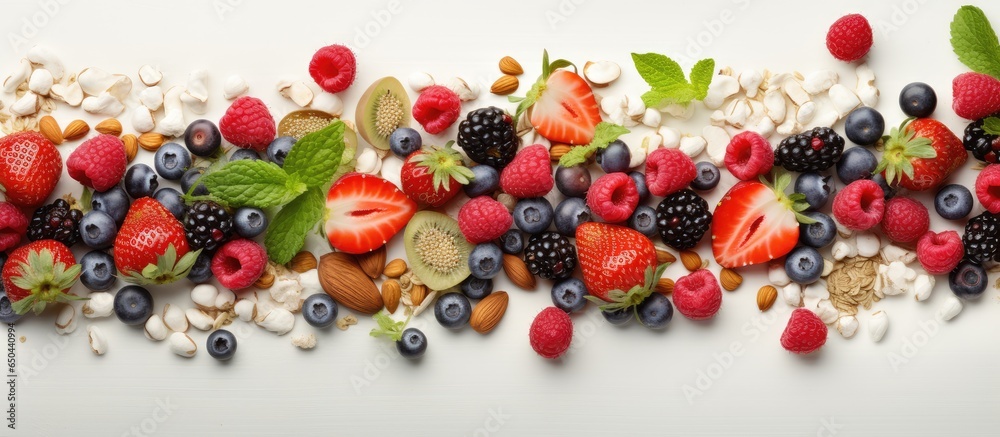 Muesli and berries create a healthy breakfast backdrop Muesli and berries create a healthy breakfast backdrop