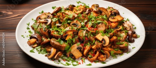 Aerial shot of tasty healthy mushroom recipe on plate on table