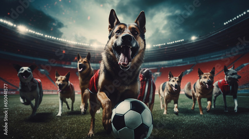 Canvas Print Group of dogs playing soccer in soccer stadium