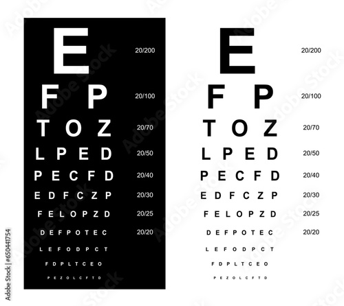 Snellen chart Eye Test medical illustration. line vector sketch style outline isolated on white and black background. Vision board optometrist ophthalmic test for visual examination Checking optical