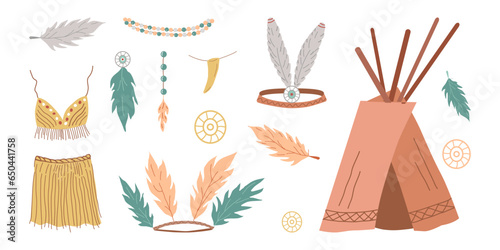 Hand drawn elements, tribal jewelry and feathers. Hats, clothing and housing of a wild tribe. Poster design, flyer. Vector illustration.