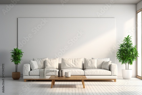 Modern white living room interior ing image.A blank wall with pure white. Decorate wall with extrude horizon line pattern and hidden warm light