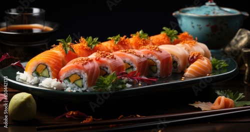 A platter of sushi and chopsticks on a table. Imaginary food photo.