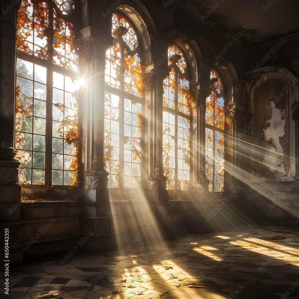 
Rays of bright light passing through the windows of an old abandoned castle. Beautiful home interior, gothic setting, natural light. Medieval cathedral style - obrazy, fototapety, plakaty 