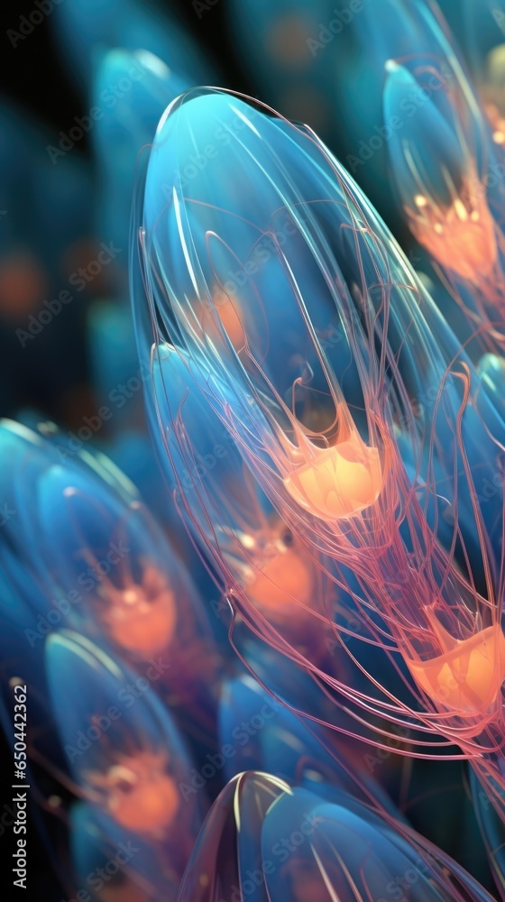 Obraz premium Detailed image revealing a multitude of small, translucent amoeboid cells floating in a liquid medium, characterized by their flexible, everchanging shape and constant amoeboid motion. Mod3f