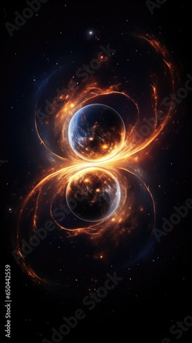 Revealing the mysterious dance of two celestial bodies locked in a gravitational embrace, this celestial photograph exemplifies the intricate nature of spacetime curvature bending. Mod3f