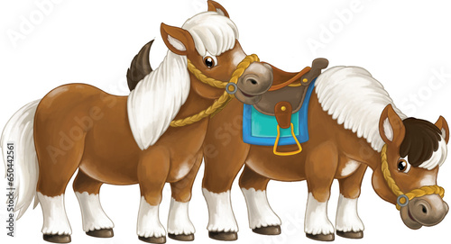 Cartoon happy pair of horses is running jumping smiling and looking - artistic style - isolated - illustration for children