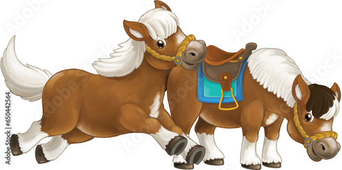 Cartoon happy pair of horses is running jumping smiling and looking - artistic style - isolated - illustration for children