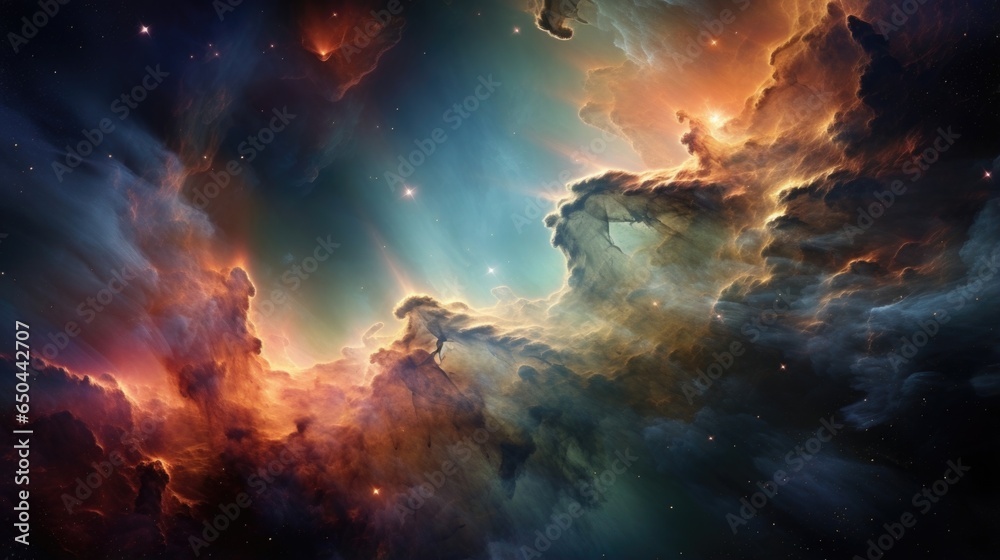 An aweinspiring view of immense interstellar clouds, gracefully collapsing and condensing under the influence of gravity, giving rise to potential stellar nurseries amidst their illuminated, Mod3f