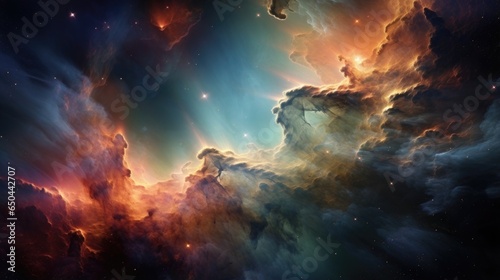 An aweinspiring view of immense interstellar clouds, gracefully collapsing and condensing under the influence of gravity, giving rise to potential stellar nurseries amidst their illuminated, Mod3f