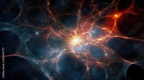 A breathtaking view of the cosmic web unravels within this image, as celestial objects appear to be delicately intertwined, suspended in space, forming an aweinspiring latticelike Mod3f