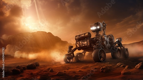 A realistic depiction of a rover navigating the treacherous terrain of Mars, with dust particles suspended in the atmosphere and the distant glow of the Martian sunset casting an Mod3f