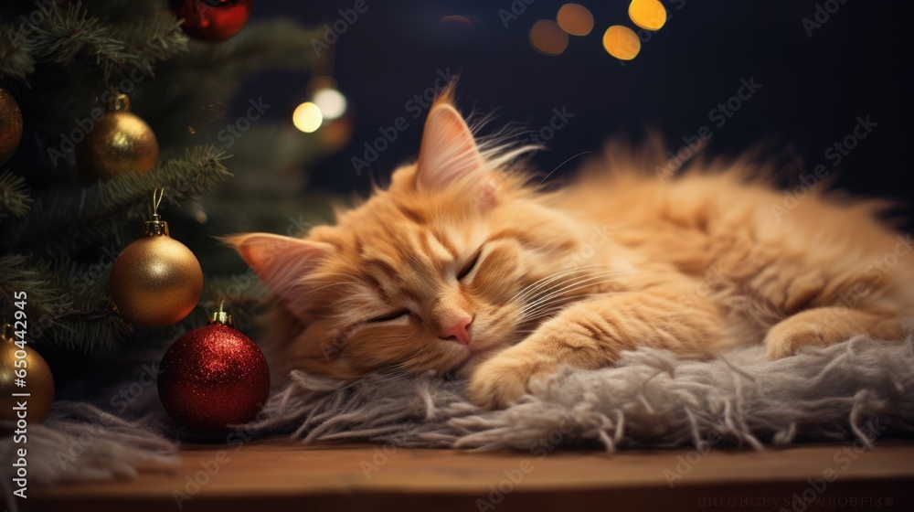 A cat laying on a fur rug next to a christmas tree. AI image.