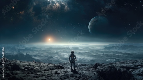 A surreal sight unfolds as an astronaut silently floats above a desolate lunar landscape, the Earth peeking through the darkness, reminding them of the distant world they left behind. Mod3f