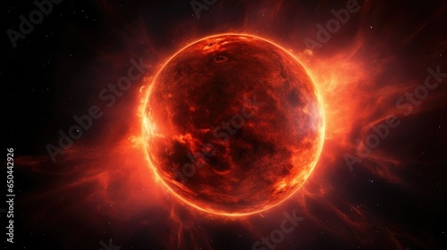 Illuminating its cosmic surroundings, a gargantuan red giant reveals its aweinspiring expansion with radiating streams of red light, dwarfing neighboring stars in its path. Mod3f