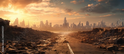 Background image of desert city wasteland with abandoned buildings cracked road and sign in a post apocalyptic setting