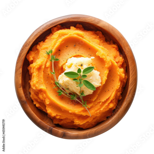 A Bowl of Mashed Sweet Potatoes Isolated on a Transparent Background