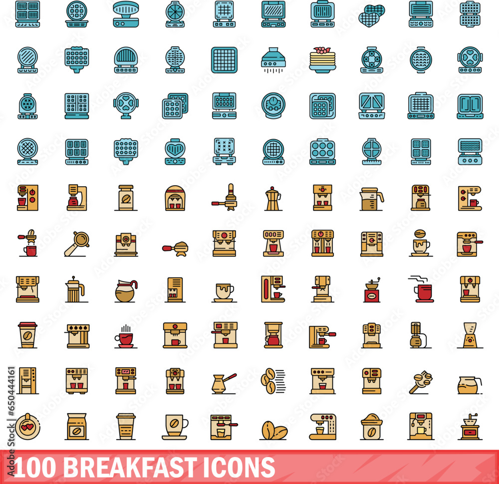 Fototapeta premium 100 breakfast icons set. Color line set of breakfast vector icons thin line color flat on white
