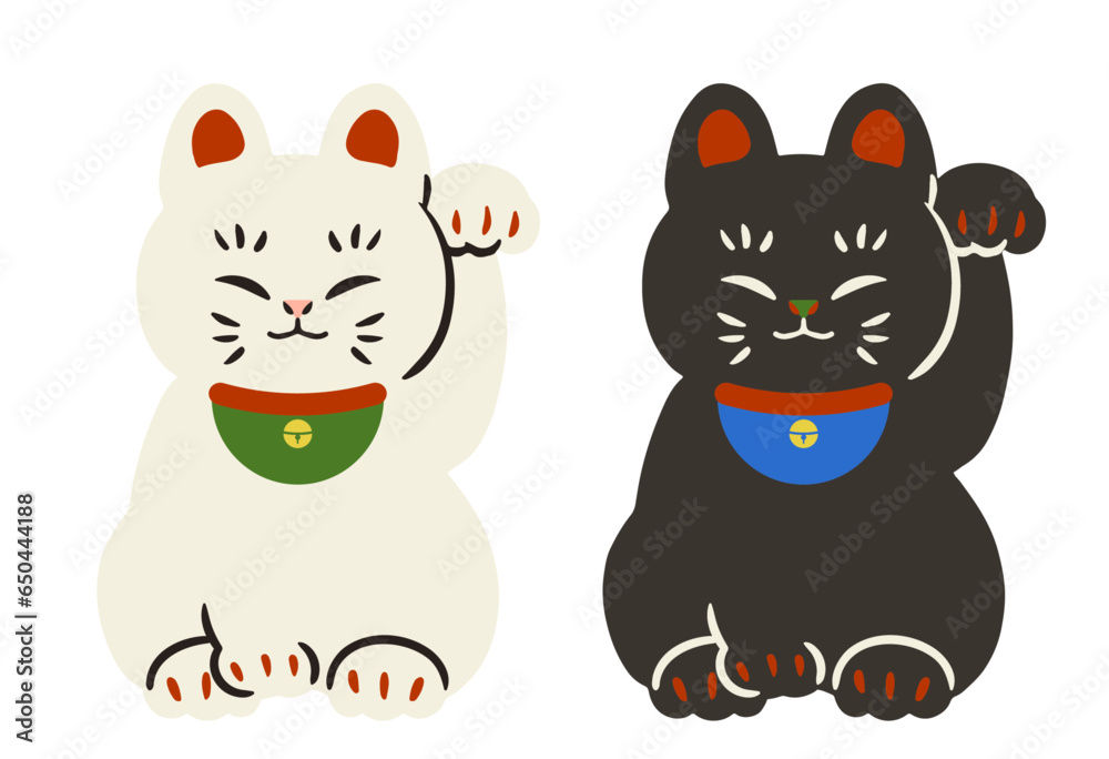 Obraz premium 笑顔の白黒の招き猫イラスト 