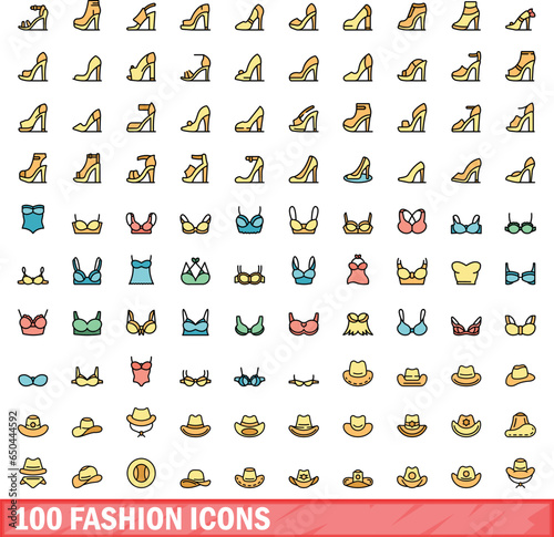 100 fashion icons set. Color line set of fashion vector icons thin line color flat on white