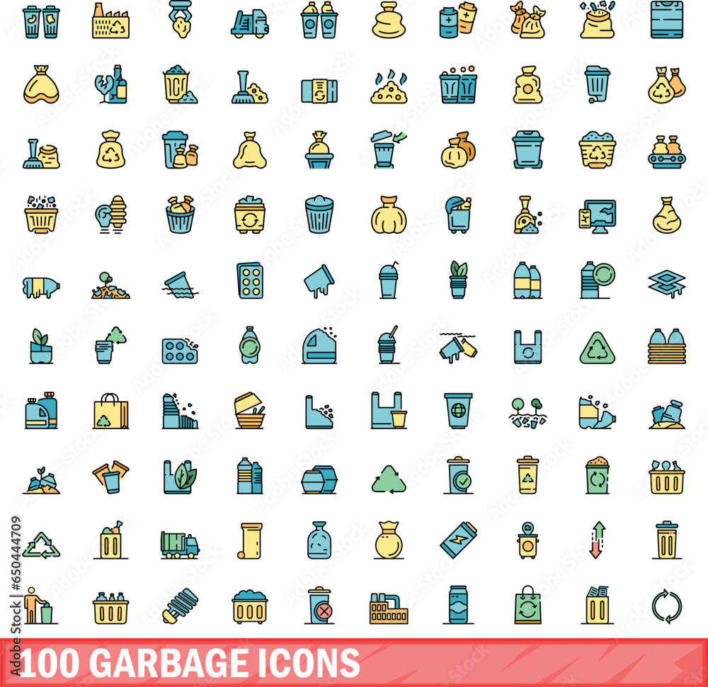 100 garbage icons set. Color line set of garbage vector icons thin line color flat on white 100 garbage icons set. Color line set of garbage vector icons thin line color flat on white
