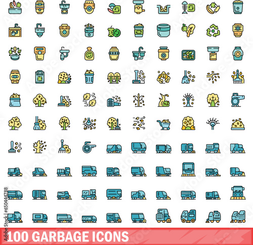 100 garbage icons set. Color line set of garbage vector icons thin line color flat on white