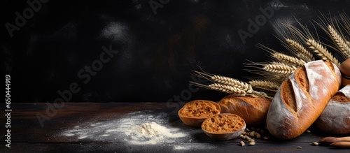 Country style bread or French baguette wheat and flour on blackboard Rural kitchen or bakery background with space for text