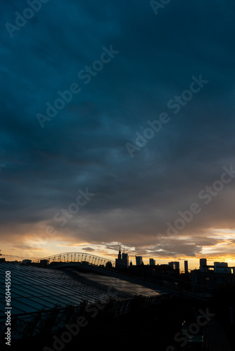 Warsaw skyline view from university library at sunset, downtown discrict