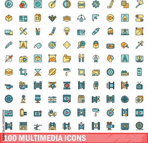 100 multimedia icons set. Color line set of multimedia vector icons thin line color flat on white