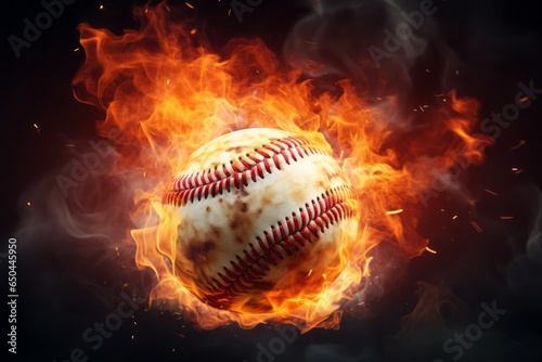 Baseball ball in flames of fire. The concept of a hot game and principled rivalry. Background with selective focus