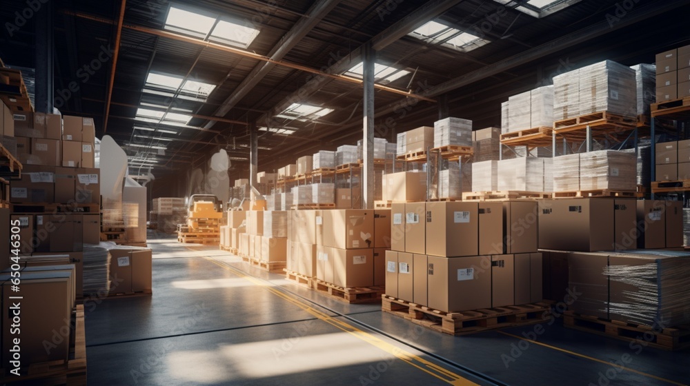 A warehouse full of boxes and pallets.