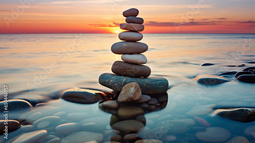 Concept of balance and harmony. Rocks on the sea coast at sunset in nature. Soft, warm light in a wonderful, serene scene.