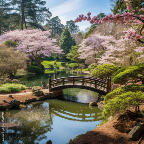 A panoramic view of a Japanese garden with a pond 