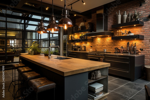 Exploring the Exquisite Modern Kitchen Interior: A Captivating Blend of Industrial Elegance and Contemporary Charm in an Industrial Chic Theme. © aicandy
