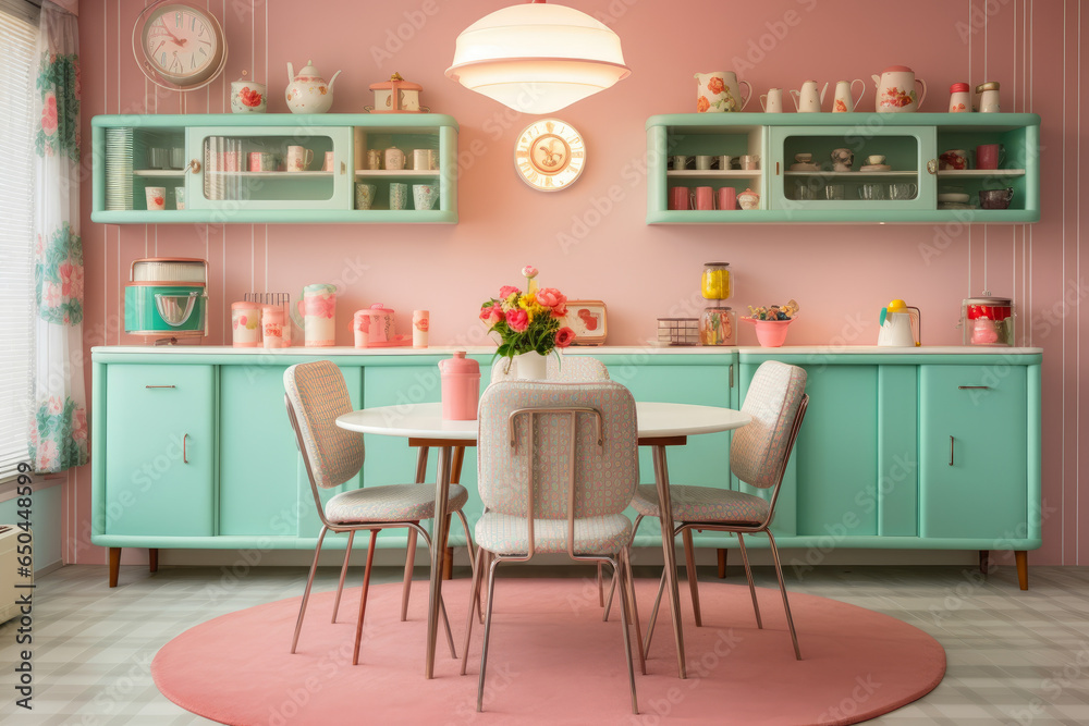 Step back in time to a charming 1950s-inspired dining room, exuding nostalgic charm with retro details, vintage accessories, and cozy pastel hues, creating a vibrant ambiance and retro vibes. Step back in time to a charming 1950s-inspired dining room, exuding nostalgic charm with retro details, vintage accessories, and cozy pastel hues, creating a vibrant ambiance and retro vibes.