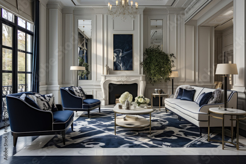 A Stylish and Luxurious Living Room Interior in Navy Blue and Cream Colors, Exuding Elegance, Serenity, and Harmony with Modern Design, Serene Ambiance, Soft and Comfortable Furnishings © aicandy