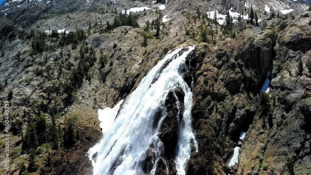 Aerial Shot Of Idyllic Waterfall At Mountains On Sunny Day, Drone Over Landscape - Mammoth Lakes, California Aerial Shot Of Idyllic Waterfall At Mountains On Sunny Day, Drone Over Landscape - Mammoth Lakes, California