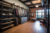 Step into a spacious walk-in closet exuding vintage industrial elegance with exposed brick, industrial lighting, and an array of retro fashion treasures and statement pieces