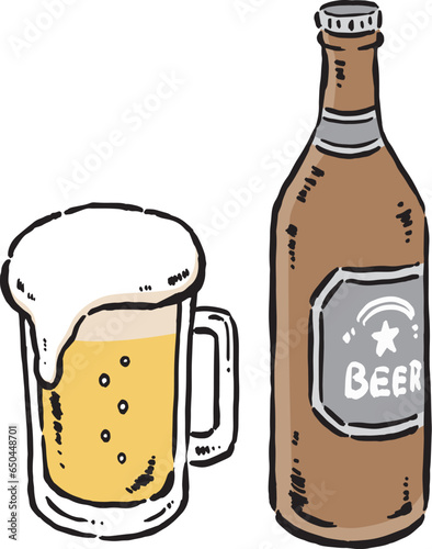 泡が立ったビール（ジョッキ）と瓶ビール　手描きイラスト