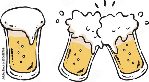 グラスに注がれたビール　乾杯　手描きイラスト