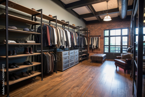 Step into a spacious walk-in closet exuding vintage industrial elegance with exposed brick, industrial lighting, and an array of retro fashion treasures and statement pieces © aicandy