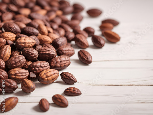cacao bean over white wooden table background
